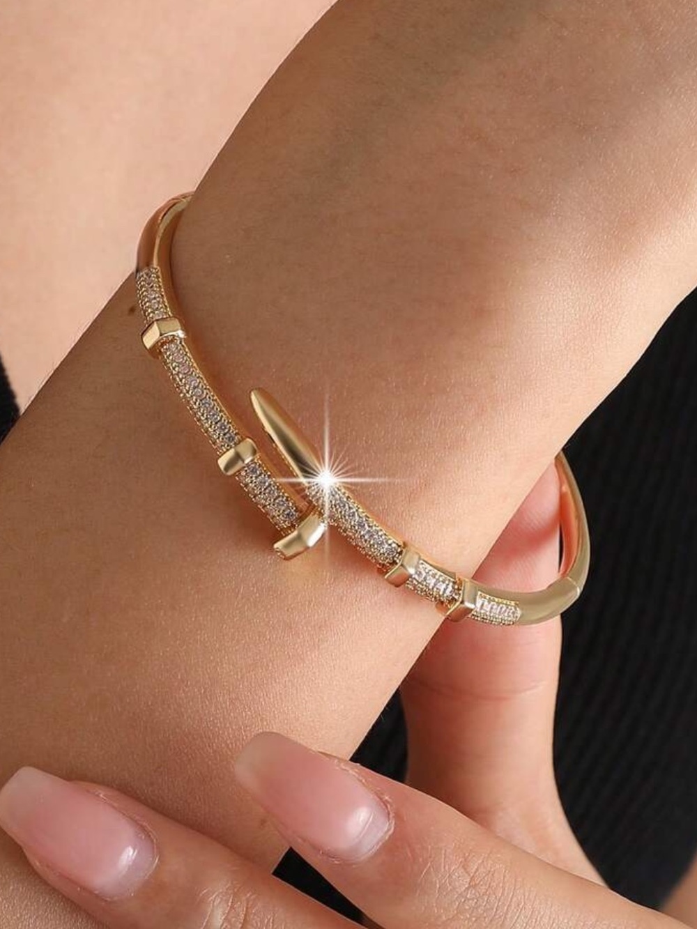 Yellow Gold Pave Nail-Style Bangle Bracelet new cubic zirconia new stack 1pc - Picture 5 of 5